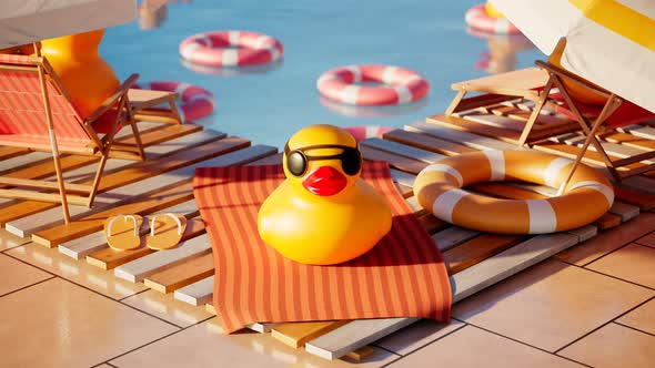Yellow rubber duck in sunglasses in the relaxation zone in the swimming pool. alt