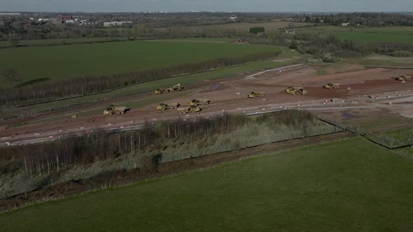 Heavy Plant Machinery Working On High-Speed Railway Construction Coventry Aerial View Winter HS2 UK