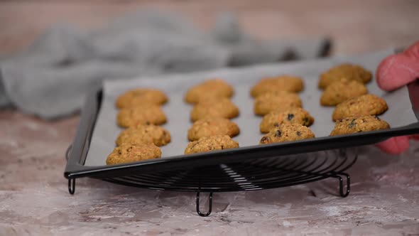 Freshly baked homemade carrot cookies with raisins, close-up.