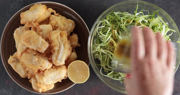Fried breaded salt cod with chicory hearts salad