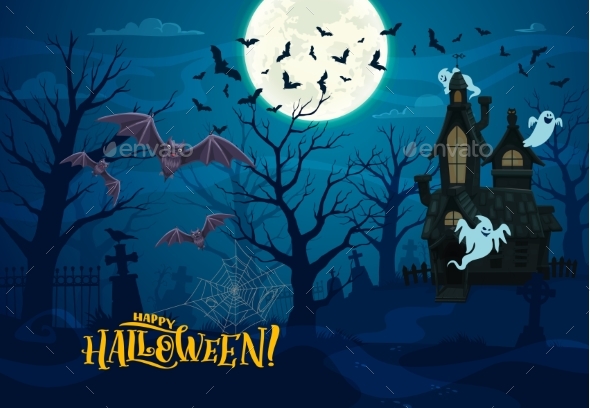 [DOWNLOAD]Halloween Landscape with Dark Castle Bats Ghosts