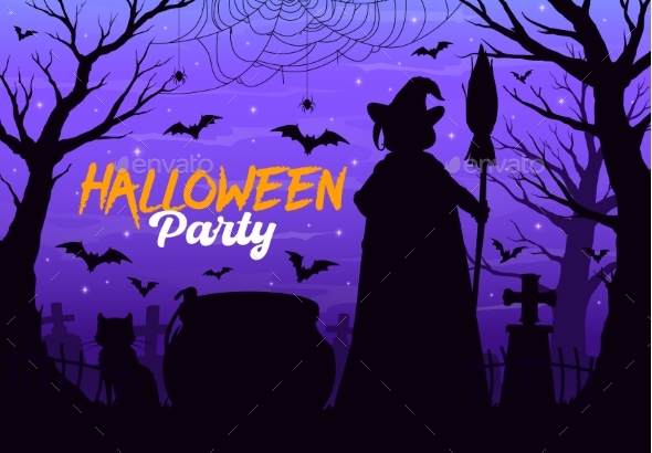 [DOWNLOAD]Halloween Cemetery Landscape with Witch Silhouette