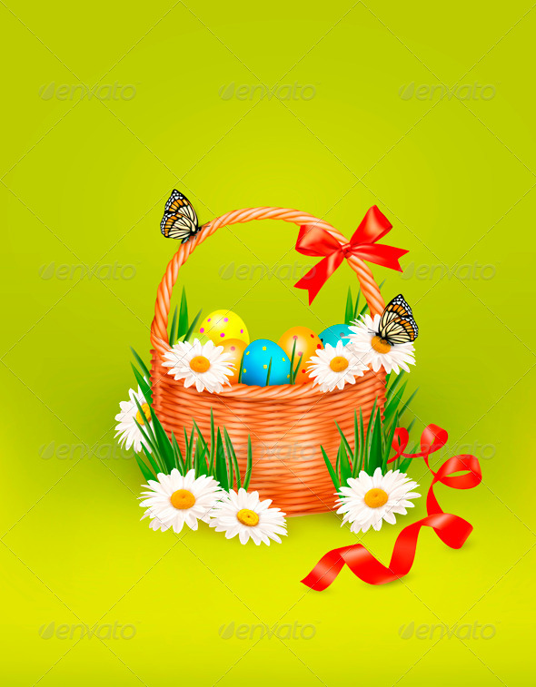 Easter Background with Easter Eggs in Basket - Seasons/Holidays Conceptual
