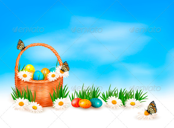 Easter Background with Easter Eggs in Basket - Seasons/Holidays Conceptual
