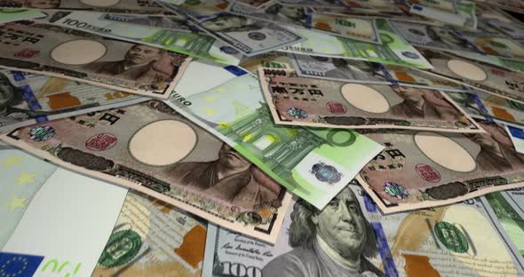 Dollar Euro Yen banknotes flying over money surface