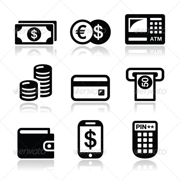 Money ATM - Cash Machine Vector Icons Set - Concepts Business