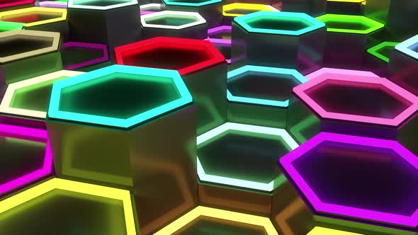 Scifi Polygons with Multicolor Neon Lighting Tops Moving Up and Down Loopable alt