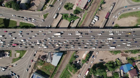 Transport Aerials  Top Down View of Freeway Busy City Rush Hour Heavy Traffic Jam Highway Bridge alt