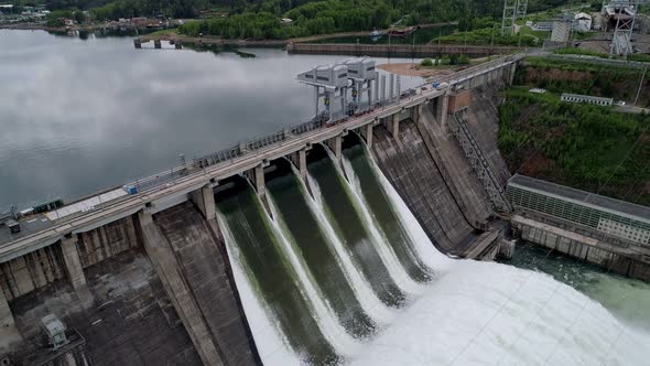 Aerial View of Water Discharge at Hydroelectric Power Plant of Krasnoyarsk City Siberia Russia alt