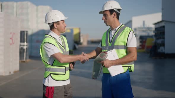 Positive Middle Eastern and Caucasian Men Talking Shaking Hands and Leaving in Slow Motion alt