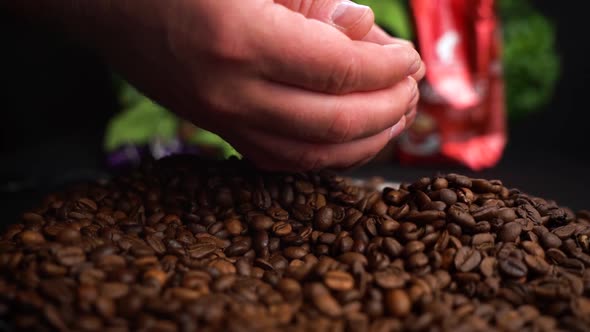 Roasted Coffee Beans Falls Down From Farmer Hands on a Black Table with Food Background alt