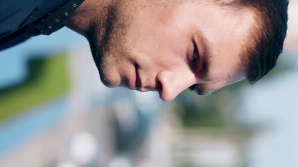 Close View Handsome Man in Blue Suit and Black Shirt alt