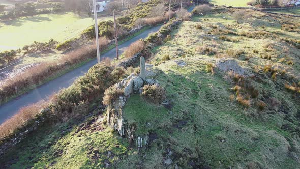 Aerial View of Standing Stone in Glencolumbkille in County Donegal Republic of Irleand alt