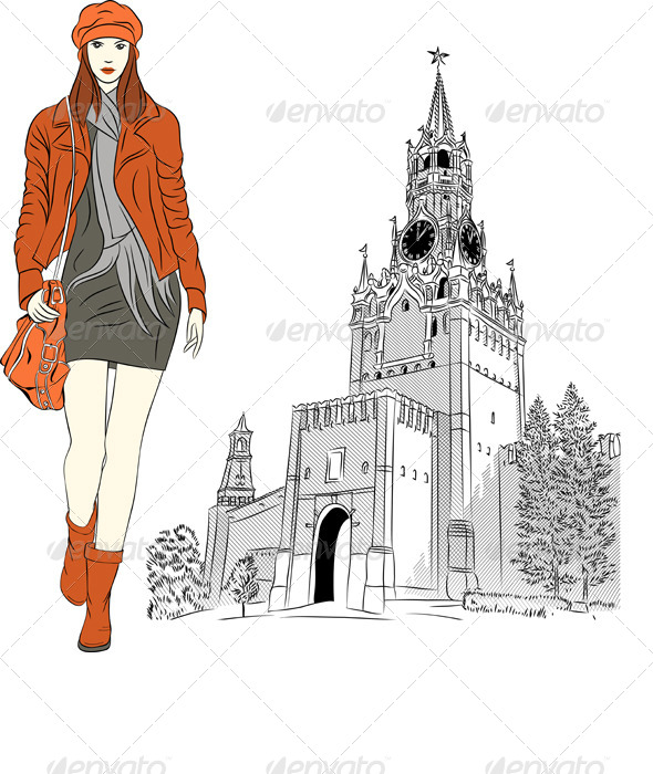 Vector Sketch of a Fashion Girl in Moscow - People Characters