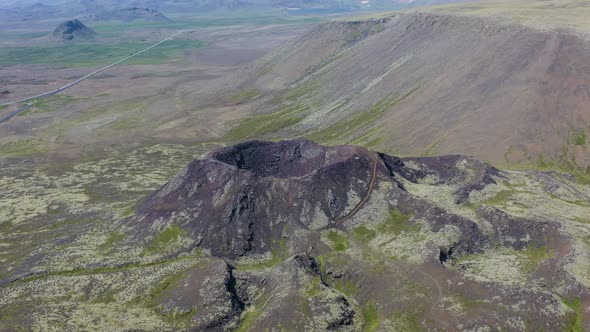 Ancient Volcanic Crater Of Stora Eldborg At Reykjanes Peninsula In Iceland. Aerial Shot alt
