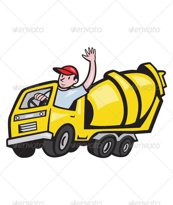 Construction Worker Driving Cement Mixer Truck - People Characters