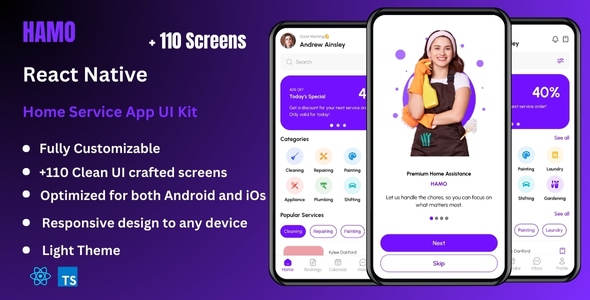 Hamo - Home Service & House Work React Native CLI App Ui Kit