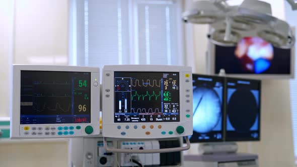 Mechanical ventilation equipment. Medical machine works in a ward during a surgery.  alt