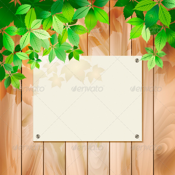 Green Leaves on a Wood Texture Vector Background - Seasons Nature