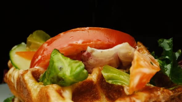 Appetizing Sandwich. Spices. Close-up. alt