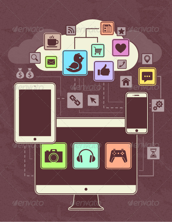 Gadgets Icons in a Network Cloud - Vectors