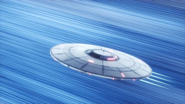 Unidentified Flying Object (UFO) flying through the stars with hyperspeed. 4KHD alt