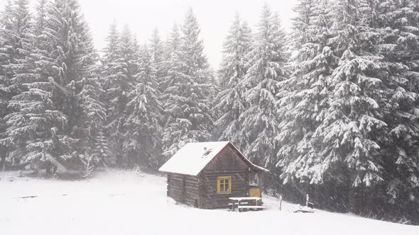 Snow Falling on Dark Mountain Forest and Wooden House