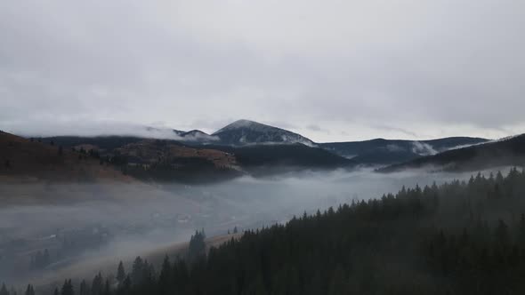 Winter Landscape Of The Carpathian Mountains In The Fog From A Bird's Eye View alt