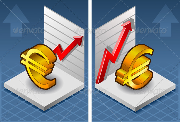 Isometric Euro Symbol with Red Arrow Up Exchange - Conceptual Vectors