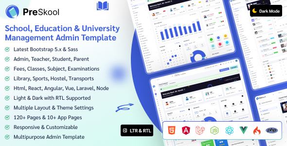 PreSkool - Html, React, Angular, Vue, Laravel School & Education Management Admin Dashboard Template