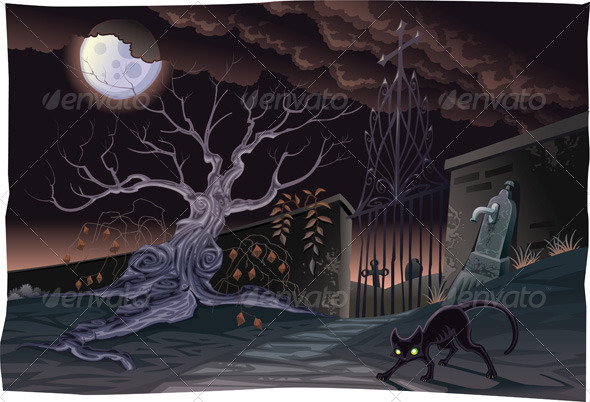 Black cat and cemetery in the night. - Animals Characters