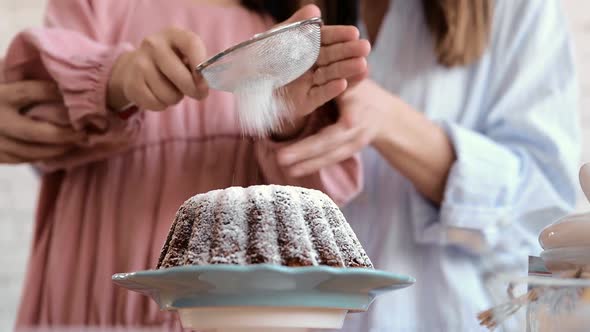 Cute Little Kid Daughter Helping Mom Adding Preparing Dough for Cake Together in Modern Kitchen alt