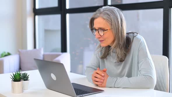 Happy Greyhaired Senior Business Woman Staring at Laptop Screen with Overjoyed Face Expression