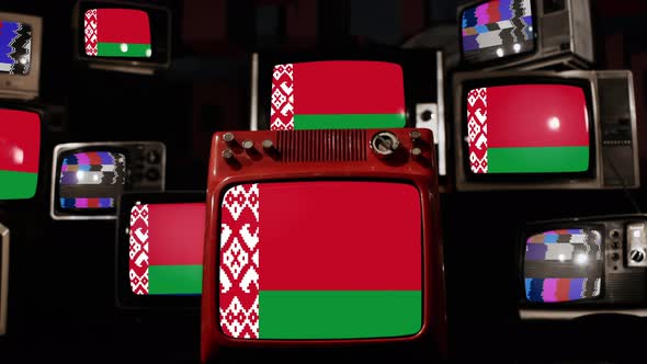 Flag of Belarus on Retro TVs. 4K.