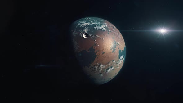 Habitable Exoplanet - Red World with Space Probe Approaching