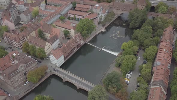 Aerial view of Nuremberg old town on Pegnitz river half-timbered houses architecture Bavaria Germany