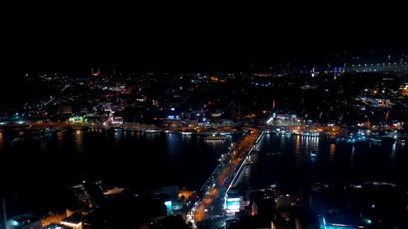 Golden Horn And Galata Bridge Aerial Hyperlapse At Night 