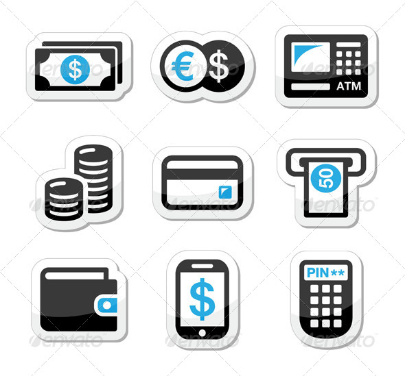 Money, atm - Cash Machine Vector Icons Set - Retail Commercial / Shopping