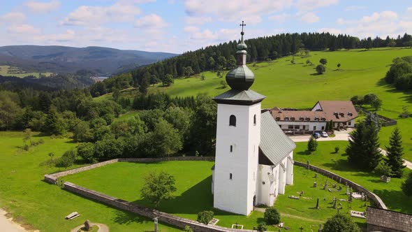 Aerial view of the church in the locality of Kremnicke Bane in Slovakia alt