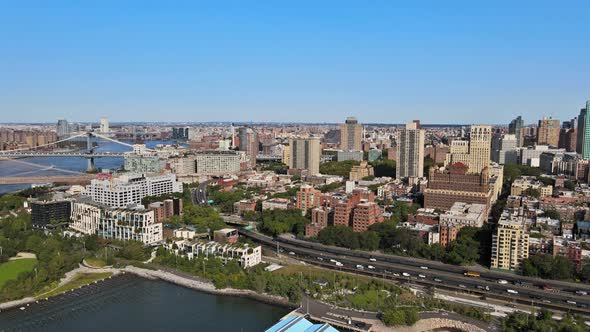 New York City NYC Cityscape Panning of Downtown Brooklyn District with Beautiful Aerial Skyline alt