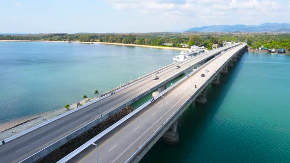 Aerial view top down view Sarasin Bridge transport over sea. Transport concept Phuket Thailand alt