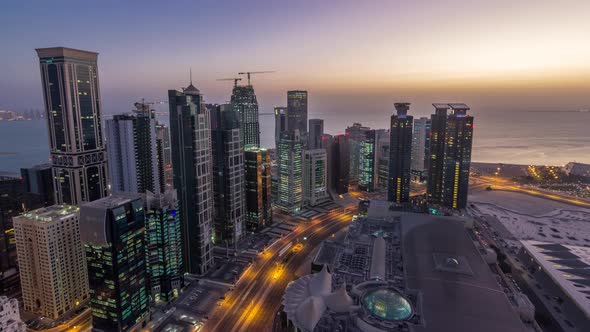 The Skyline of the West Bay Area From Top in Doha Night To Day Timelapse Qatar alt