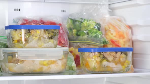 Female Hands pulls glass containers in the fridge. Frozen fruits, vegetables, meat in the freezer.