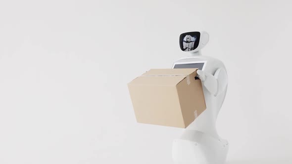 Humanoid Autonomous Robot with Cardboard Box in Hand alt