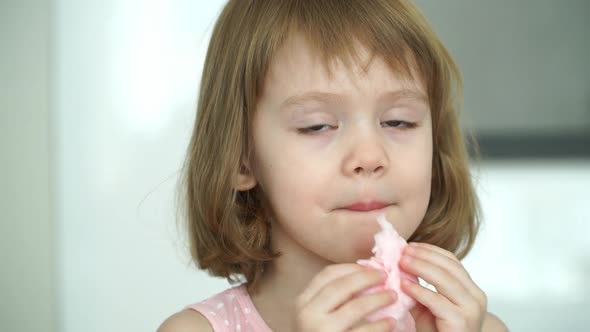 Close Up of Little Child Girl Eats Pink Cotton Candy Looks at Camera Smiles and Laughs