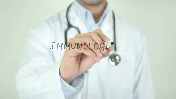 Immunologist, Doctor Writing on Transparent Screen alt