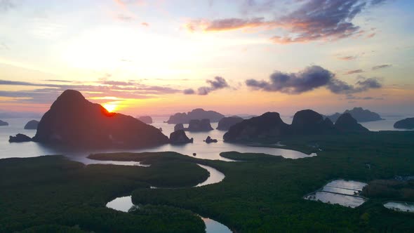 Aerial view scene of Samet Nangshe Bay, Phang Nga province, Landscape mountain and river or lake. alt