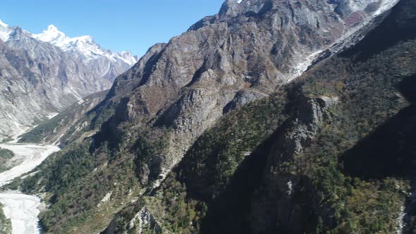 Gangotri village in the state of Uttarakhand in India seen from the sky alt