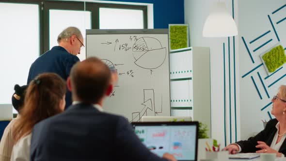 Confident Man Business Coach Giving Flipchart Presentation Training Diverse Workers alt