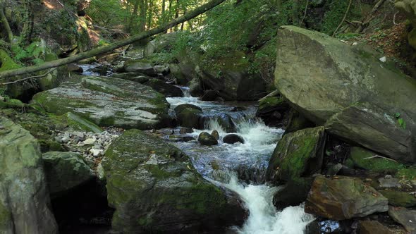 Mountain river flowing over rocks and boulders in forest, Bistriski Vintgar, Slovenia, hiking and ou alt